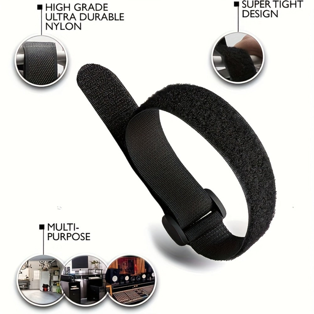 Adjustable Hook-and-Loop Cable Ties, 50 Black Straps with Buckles in 20 x 200 mm Size Pictured