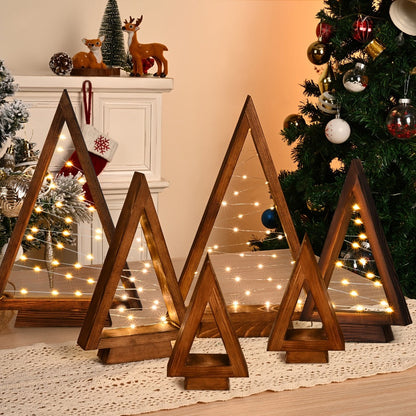 Wooden Light-Up Desktop Christmas Trees USB Powered - Mini Lighted Wood Tree Set for Holiday Decoration, Home & Office Desk, Shelf Display & Room Decor, Reusable Indoor Gift, Set of 2/3/4/5/6