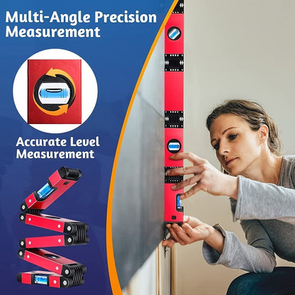 Red Folding Multi-Angle Bubble Level with Hinged Sections for Carpentry and Home DIY Layout