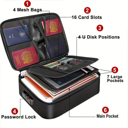 Fireproof Document Organizer Bag with Combination Lock Multi-Compartment Portable File Storage for Home Office Travel Cards Gadgets