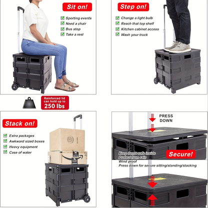 Collapsible Red Rolling Storage Crate with Lid, Wheels and Telescoping Pull Handle for Transport