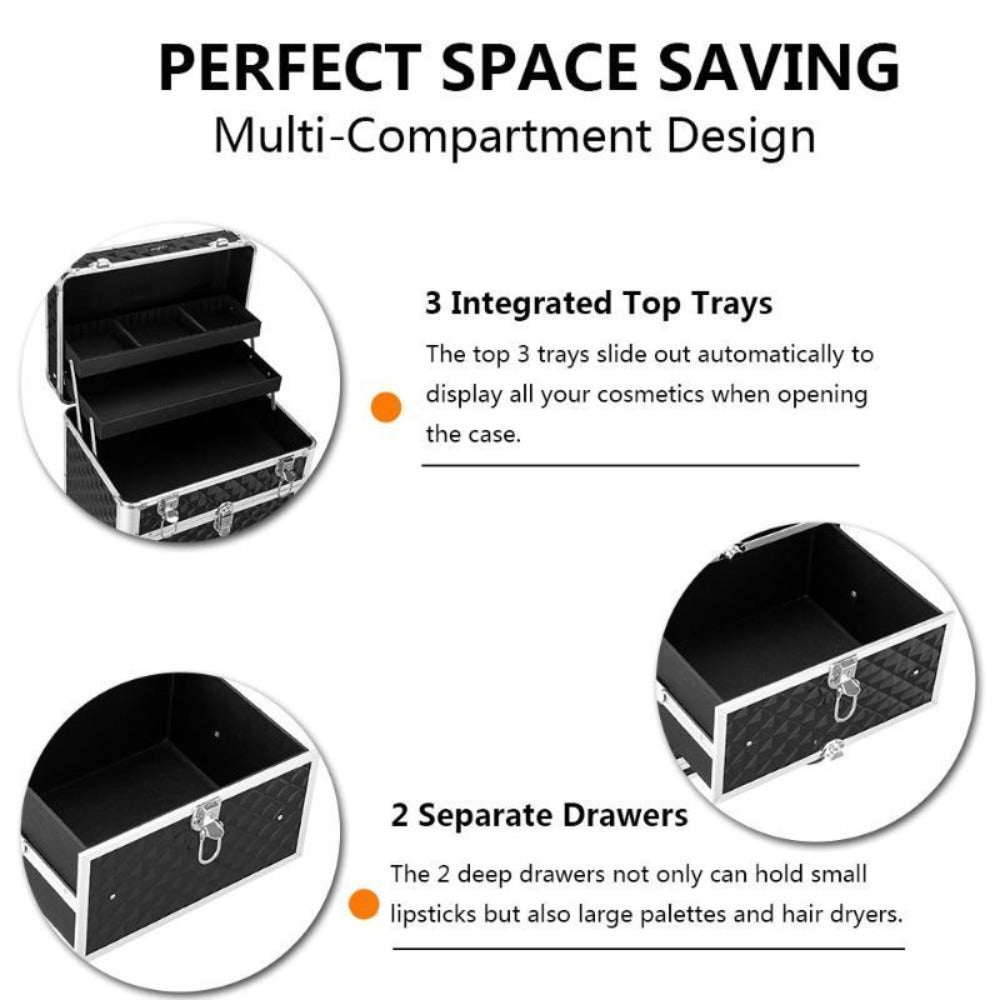 Black Rolling Makeup Train Case with Four Wheels, Telescoping Handle, Three Top Trays and Two Drawers