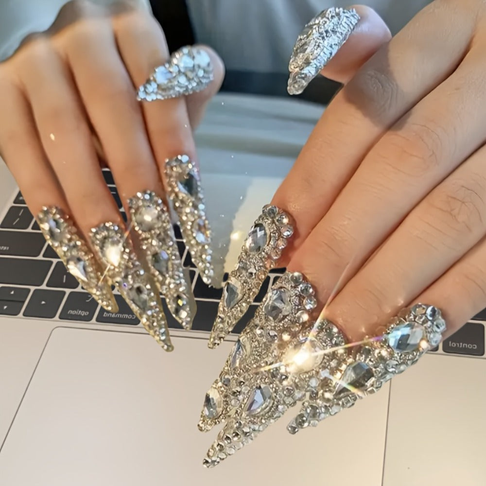Rhinestone Press On Nails Kit 10pcs Extra Long Almond – Handmade Y2K Silvery Glam Fake Nails with Nail Tools, Stickers & Charms for Women, Party, Christmas, DIY Salon Nail Art Set