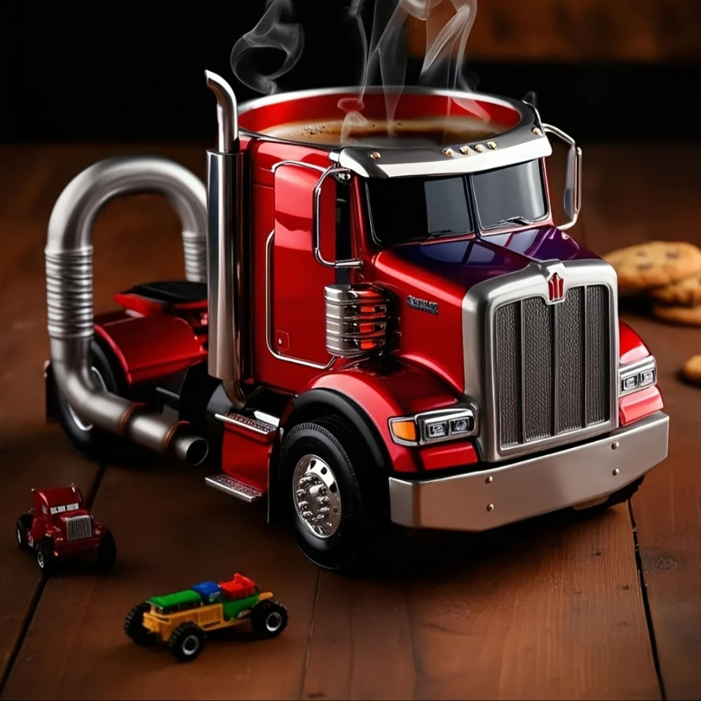 Semi-Truck-Shaped Coffee Mug with Metal-Look Interior and Trim in Blue or Black Color Options