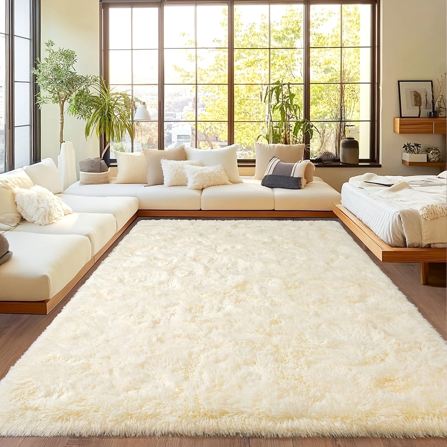 Area Rug Fluffy Faux-Fur Shag in Solid, Tie-Dye and Ombre Colors with Six Retained Room Sizes