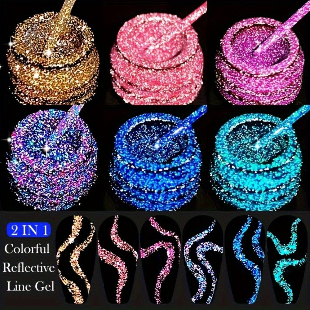 Reflective Liner Nail Art Gel Six-Bottle Set with 5ml CR01 to CR06 Colors and Slim Brushes for Detail Lines