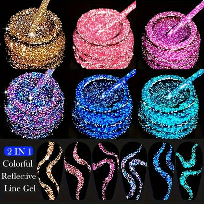 Reflective Liner Nail Art Gel Six-Bottle Set with 5ml CR01 to CR06 Colors and Slim Brushes for Detail Lines