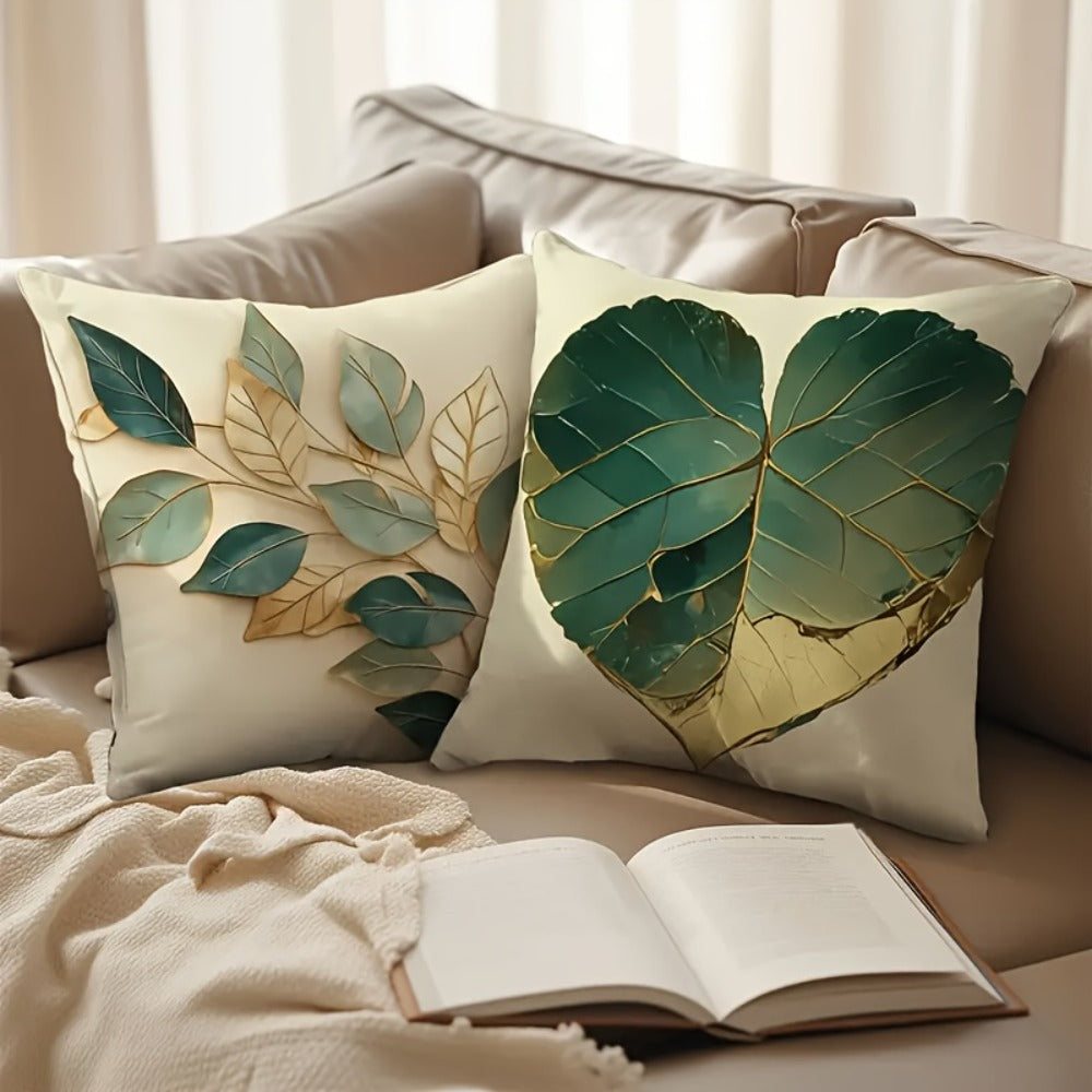 Green and Gold Leaf Throw Pillow Covers, Four-Piece 18 x 18-Inch Polyester Set with Zipper Openings