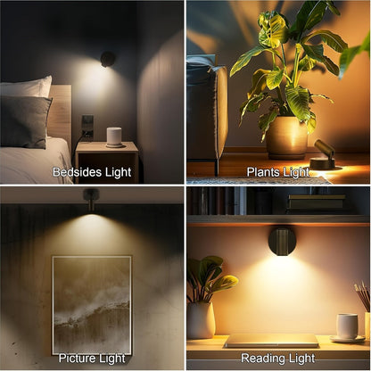 Rechargeable Indoor Spotlight LED – 3-Color Dimmable with Remote & Timer, 350° Adjustable, 2500mAh Battery, Magnetic Base Wall Accent Light for Pictures, Plants & Artwork (White / Black, 1 or 2 Pack)