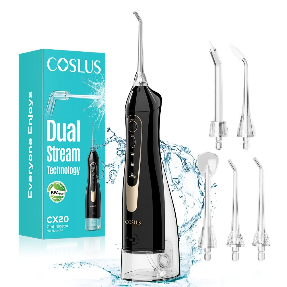 Water Flosser COSLUS CX20 Cordless Oral Irrigator with 300ml Detachable Tank, Five Tips, Rotating Nozzle and Gold Accents