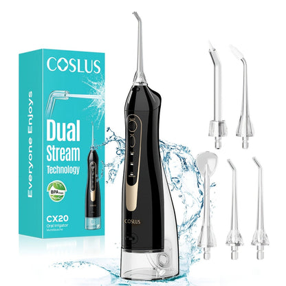 Water Flosser COSLUS CX20 Cordless Oral Irrigator with 300ml Detachable Tank, Five Tips, Rotating Nozzle and Gold Accents