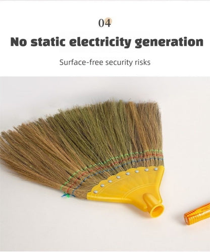 Extra-Long Miscanthus Broom with Soft Full-Length Bristles and Yellow Wrapped Handle for Home Sweeping