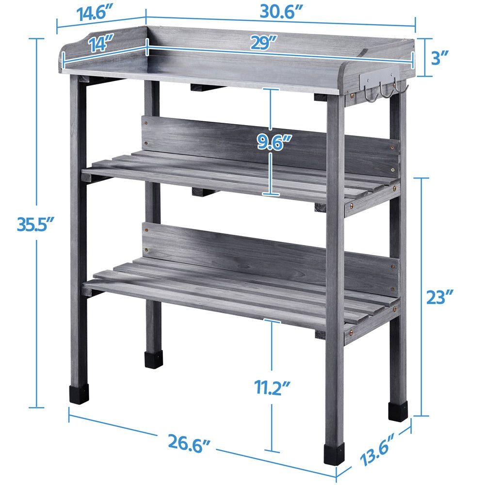 Rolling Potting Bench 3-Tier Wooden Garden Workstation Waist-High Galvanized Metal Top Lockable Casters Side Hooks Shelves for Outdoor Patio Gardening Storage