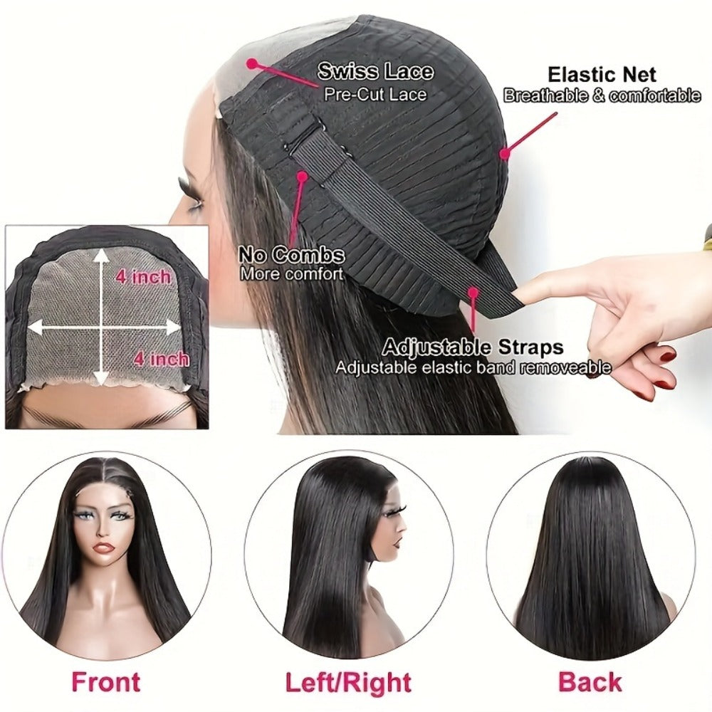 Straight Human Hair Wig with 4x4 Lace Closure, Center Part and Black 16–36 Inch Length Options
