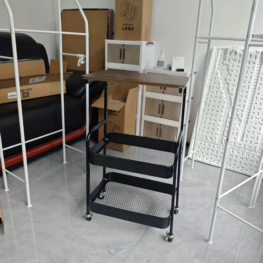 Three-Tier Rolling Storage Cart with Wooden Tabletop, Reinforced Black Frame and Locking Casters