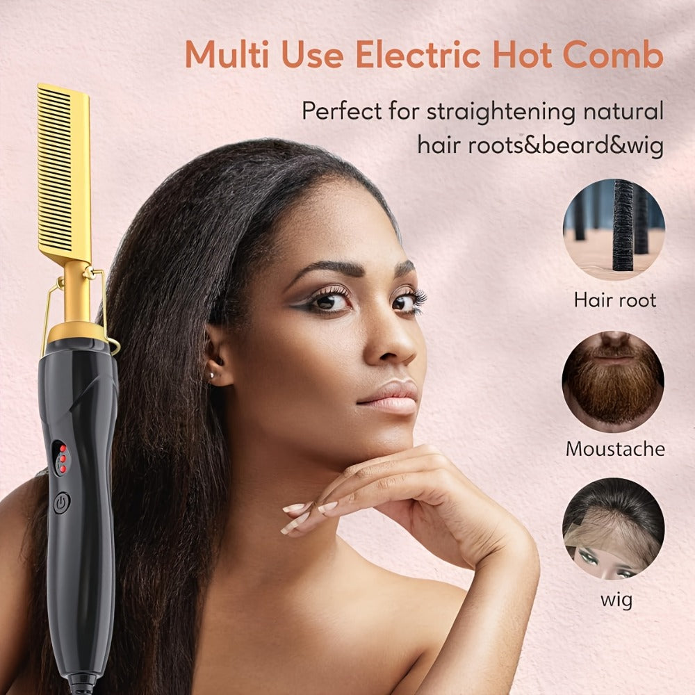 Hot Comb Hair Straightener Electric Ceramic – Portable Anti-Burn Press Comb for Natural Hair & Beard Straightening – Pink, Gold, Black, Gradient, Avocado Green