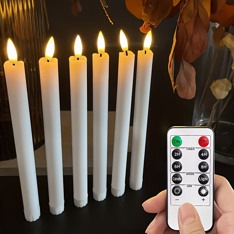 Six-Pack Ivory Flameless Taper Candles with Flickering LED Flames, Remote Control and Timer Modes