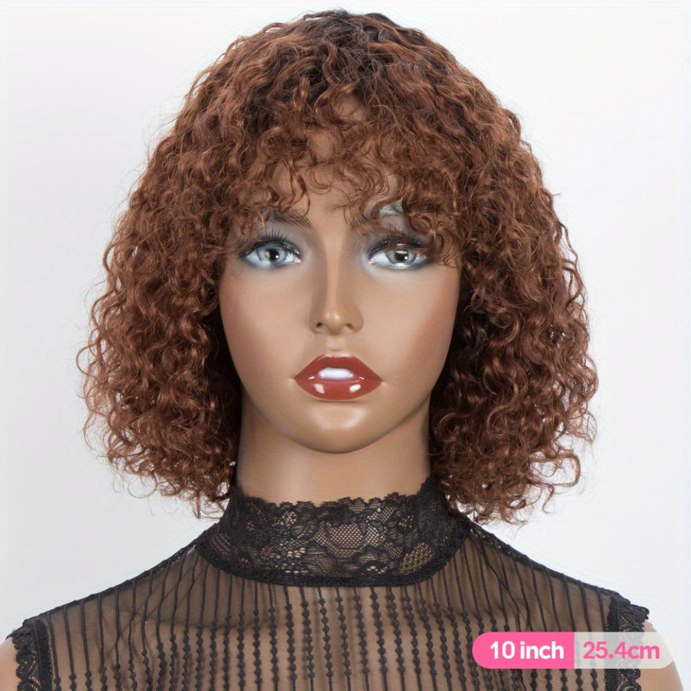12-Inch Water Wave Bob Human Hair Wig with Bangs, 150% Density and TT1B/33 or P1B/30 Color