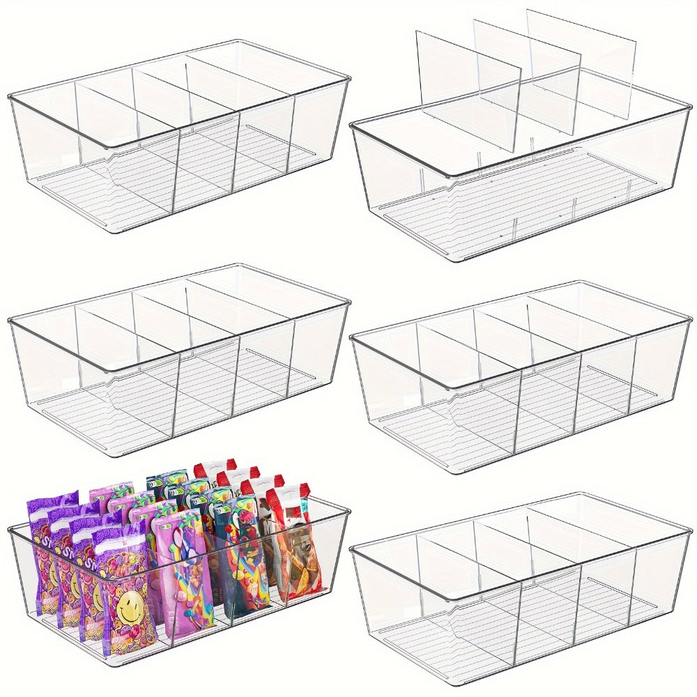 Six-Piece Clear Pantry Organizer Bin Set with Removable Dividers for Cabinets, Fridges and Shelves