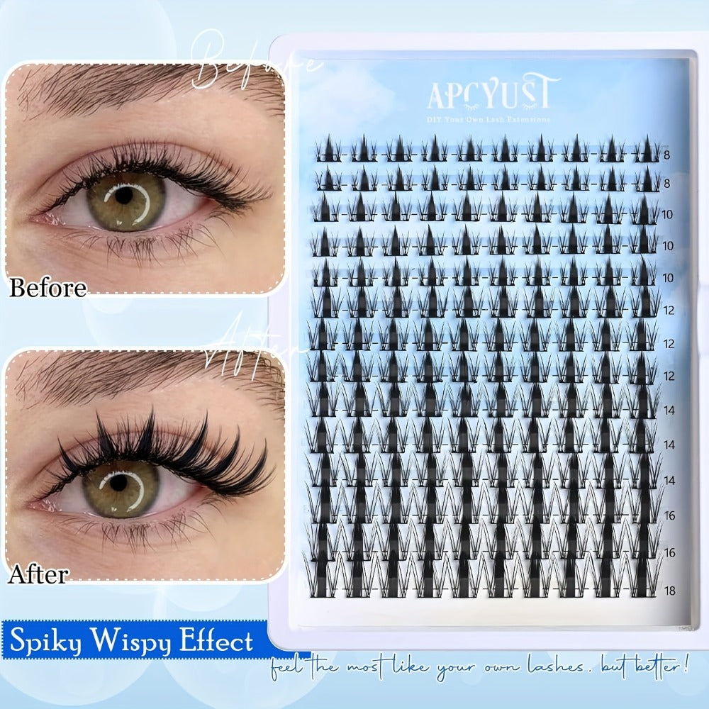 C-Curl Spike Lash Extension Kit with 140 Clusters in Mixed 8-18mm Lengths, Adhesive Tube and Curved Applicator