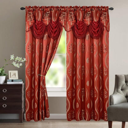 Two-Panel Jacquard Window Curtain Set with Attached Waterfall-Style Valance, 54 x 84-Inch Size and Four Colors