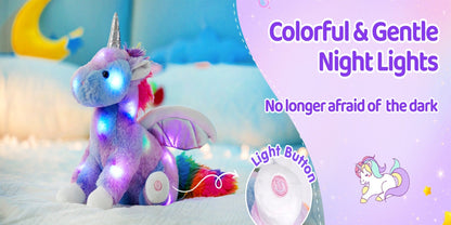 Plush Toy Rainbow Unicorn with LED Glow and Choice of Music or No-Music Light-Up choices for Bedtime