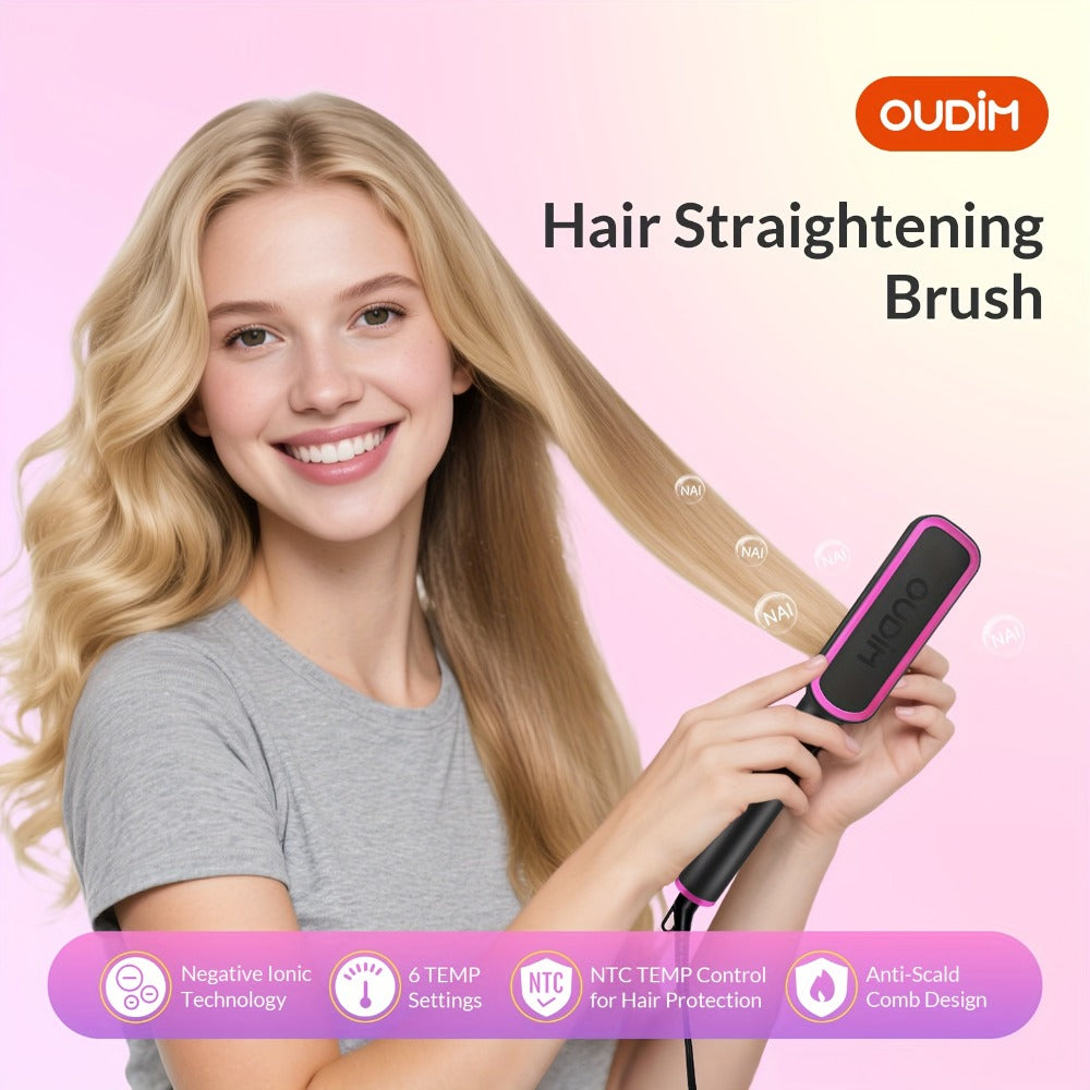 Ionic Hair Straightener Brush Anti-Scald – Precise Temperature Control Auto Shut-Off Straightening Comb Flat Iron for Women All Hair Types – Rose Gold, Black, Gift for Her