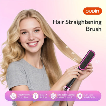 Ionic Hair Straightener Brush Anti-Scald – Precise Temperature Control Auto Shut-Off Straightening Comb Flat Iron for Women All Hair Types – Rose Gold, Black, Gift for Her