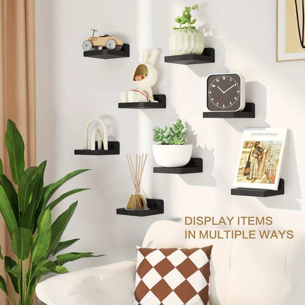 Eight-Piece 4-Inch Wall Shelf Set with Compact Square Ledges, Pure Black Finish and Mounting Hardware