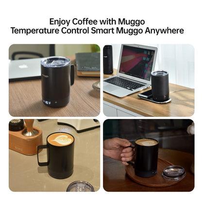 Black Powered Coffee Mug with Handle, Clear Lid, Bottom Display and USB-C Charging, 12-Ounce Label