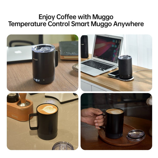 Black Powered Coffee Mug with Handle, Clear Lid, Bottom Display and USB-C Charging, 12-Ounce Label