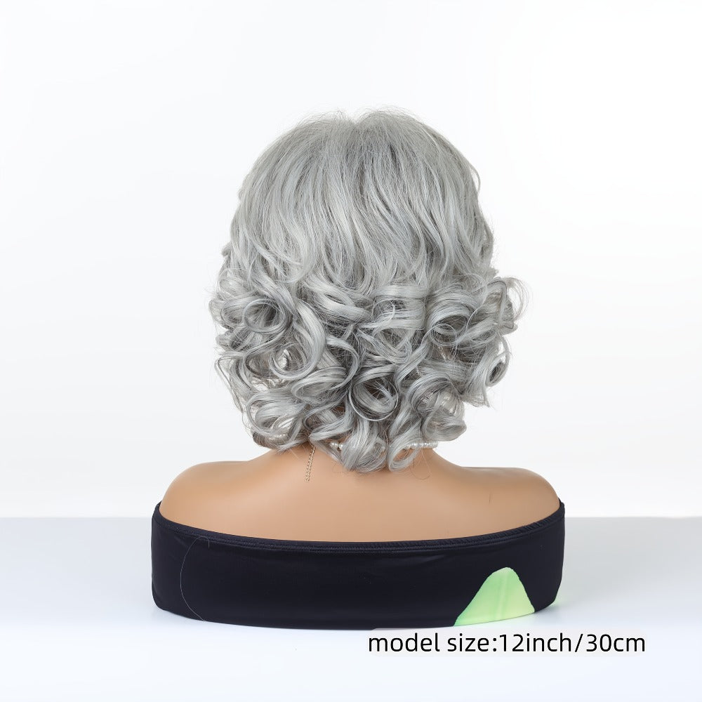 Gray Curly Wig with Bangs 12 Inch Short Silver Grey Synthetic Heat Resistant Rose Net Cap Wig for Women Cosplay Halloween Party Daily Wear All Occasions