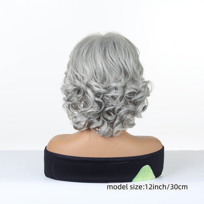 Gray Curly Wig with Bangs 12 Inch Short Silver Grey Synthetic Heat Resistant Rose Net Cap Wig for Women Cosplay Halloween Party Daily Wear All Occasions