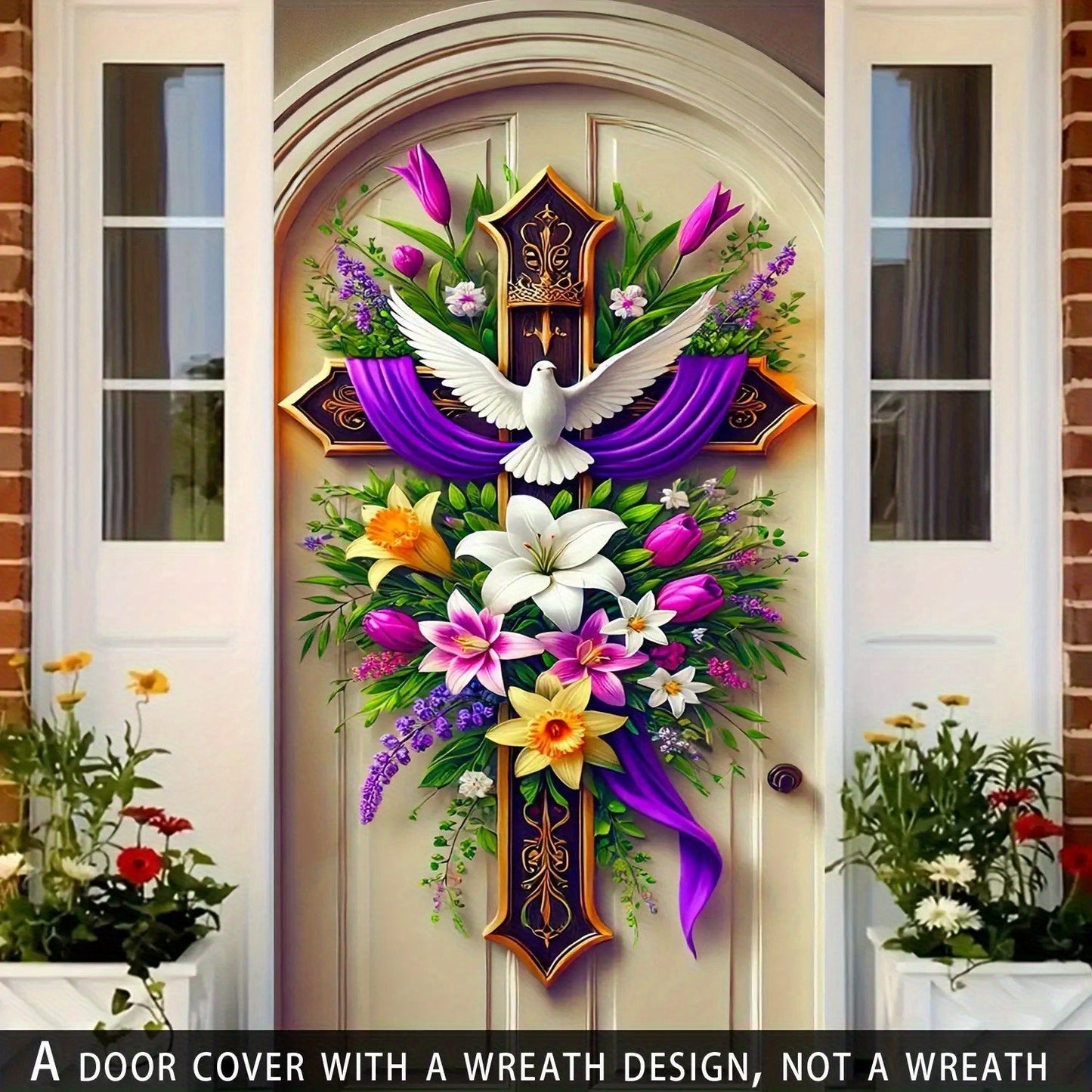 Easter Door Curtain Decoration with Dove, Floral and Cross Pattern, 35.4 x 70.8 Inches for Home or Party Display