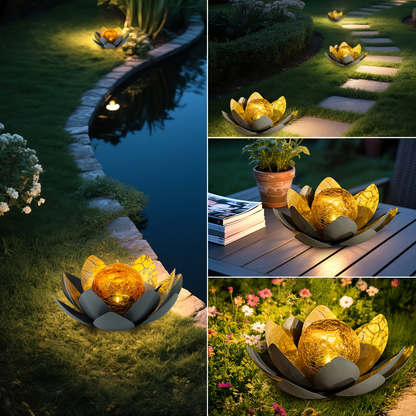 Solar Garden Light Lotus Flower with Cracked Glass Globe, IPX4 Rating and Three Color Options