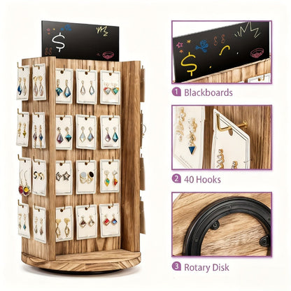 Jewelry Organizer Rotating White Display Tower with 40 Hooks and Top Sign Panel for Countertop Use
