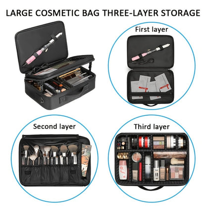 Black 15.8-Inch Soft Makeup Train Case with Three-Layer Interior, Brush Panel and Shoulder Strap