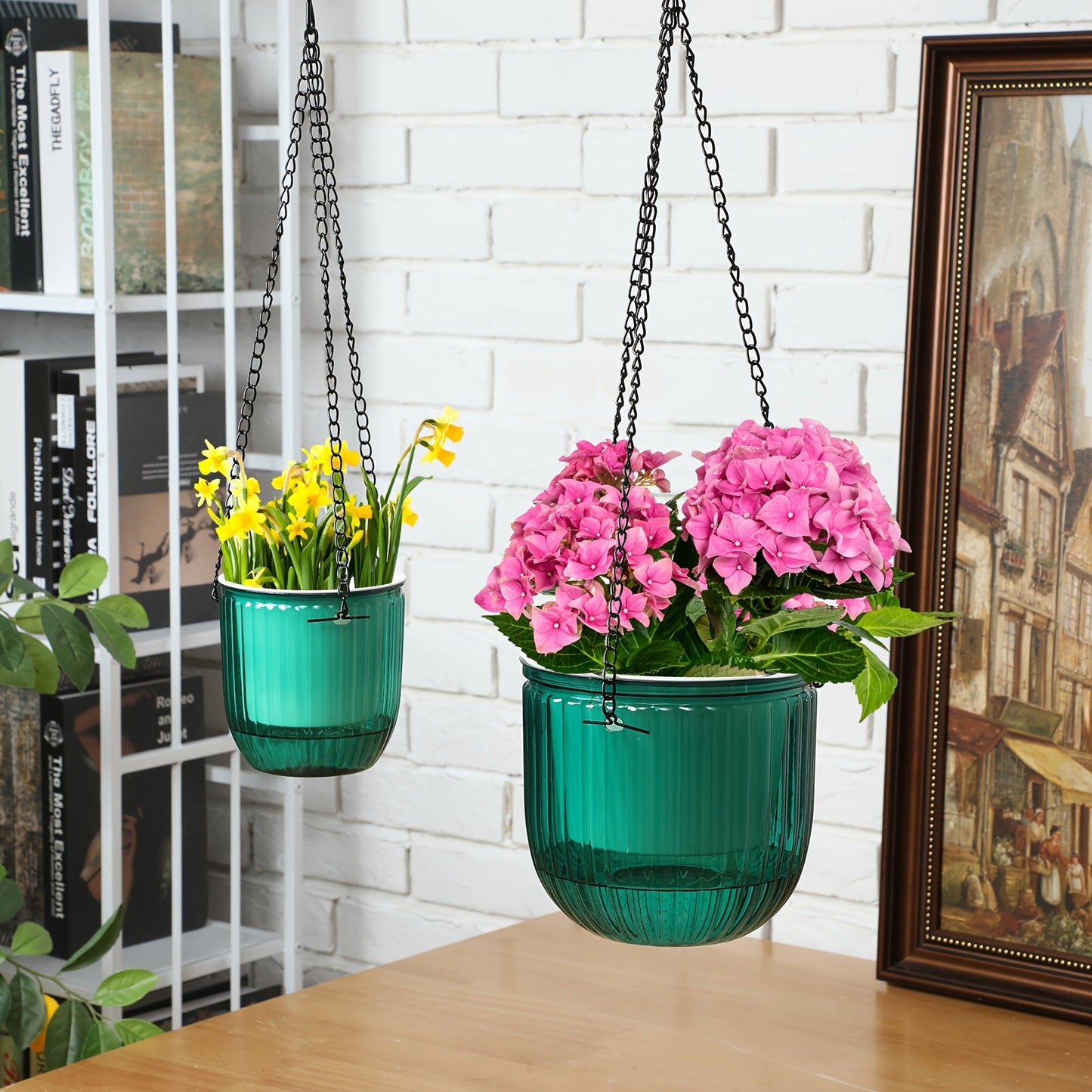 Four-Piece Self-Watering Hanging Planter Set with 6.5- and 4.5-Inch Pots, Hooks and Drainage Openings