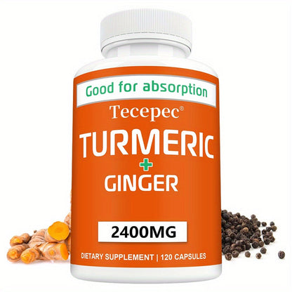 Herbal Supplement with Tecepec Label, Turmeric Ginger and Black Pepper 2400mg Capsules, 120 Count
