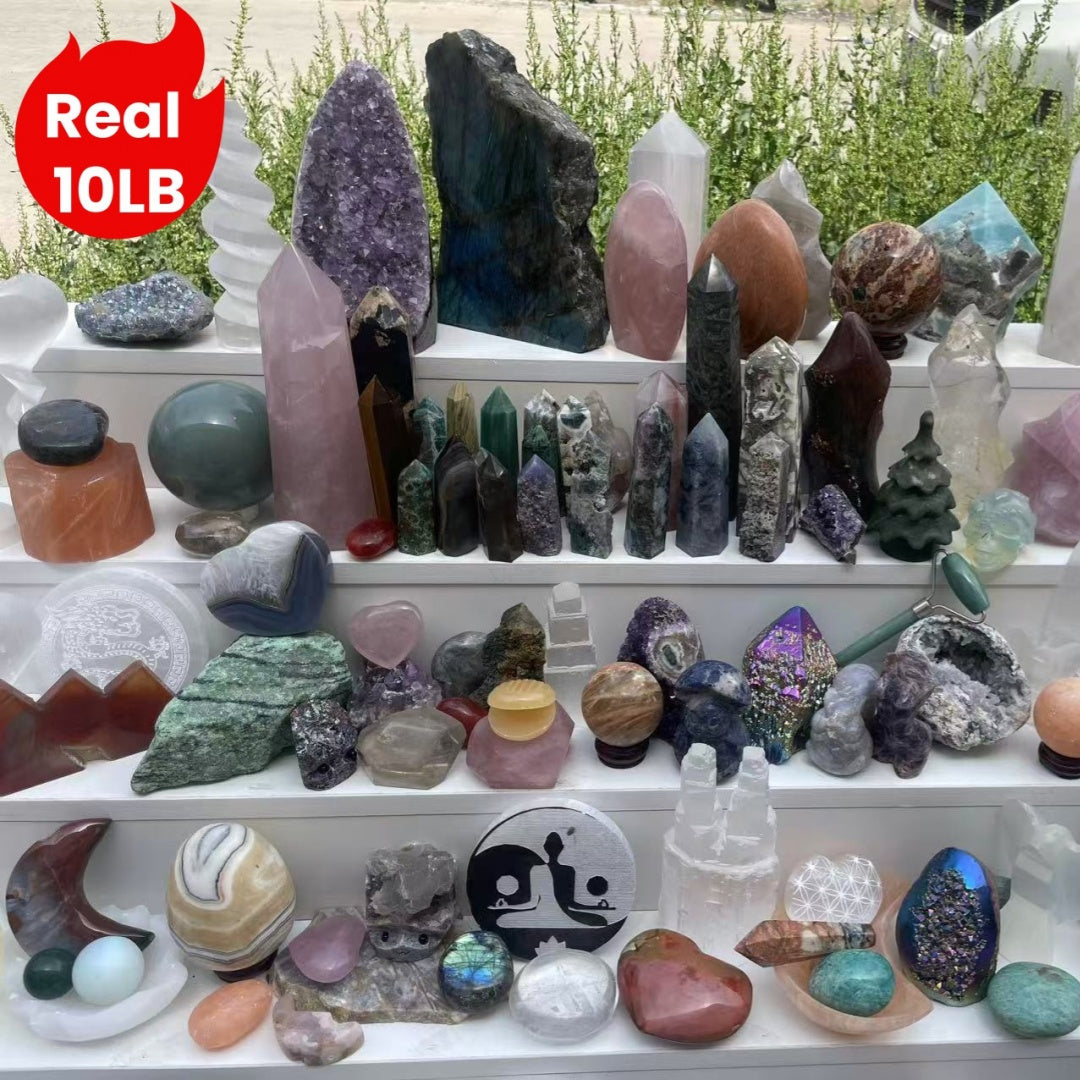 Ten-Pound Mixed Crystal and Gemstone Decorative Collection with Towers, Spheres, Clusters and Rough Stones
