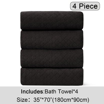 Oversized Bath Towel Set 4 Piece Diamond Pattern Microfiber - Ultra Soft Highly Absorbent Quick Dry | 10 Colors | Blue Green Black Gray Navy Orchid Brown Purple White Turquoise | Bathroom Hotel Gym Gift