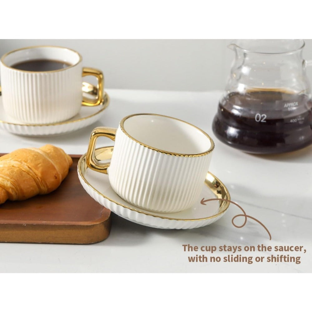 Ceramic Cappuccino Cups with Saucers Set of 6 – 8oz Coffee Mugs with Golden Trim, Latte Art Cups for Espresso Mocha, British Italian Style Café Cups and Saucer Sets for Home Kitchen