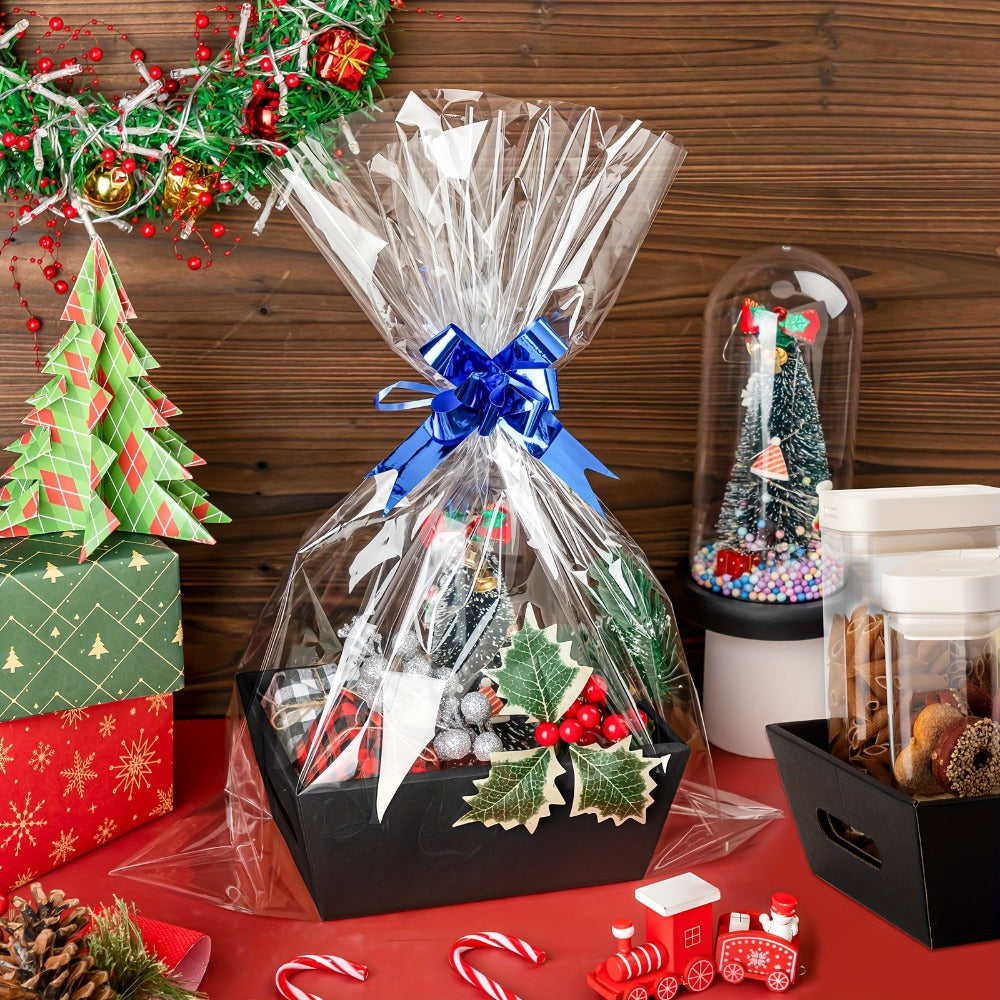 Seventy-Four-Piece Gift Basket Kit with 20 Folding Paper Baskets, 30 Clear Bags and 24 Multicolor Bows