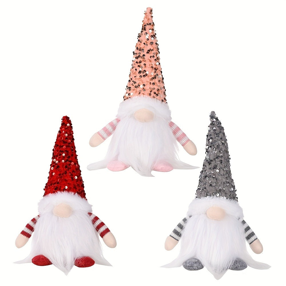 Three-Piece Holiday Gnome Figurine Set with Sequined Hats and Two Pictured Color Assortments