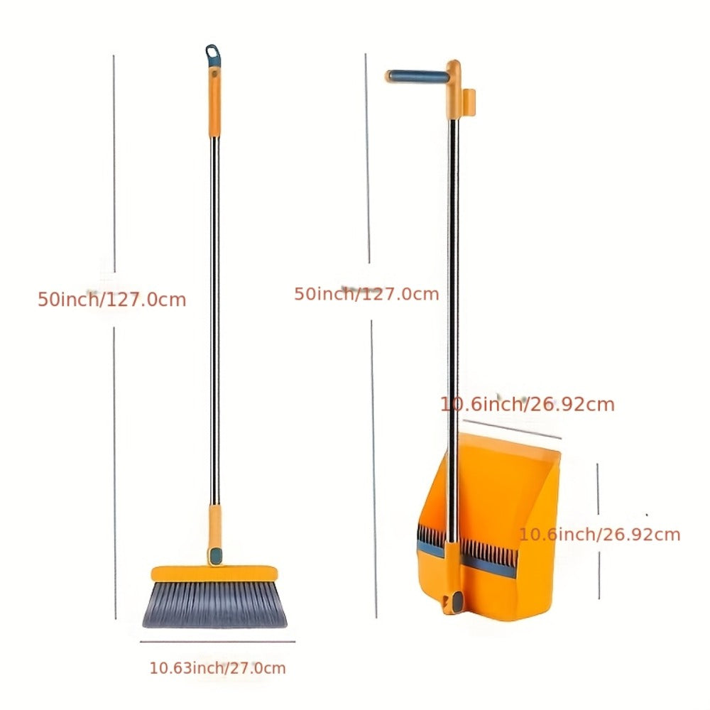 Magnetic Broom and Dustpan Set with Rotating Head, Long Handle and Bag Holder in White or Orange