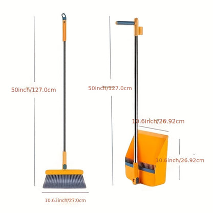Magnetic Broom and Dustpan Set with Rotating Head, Long Handle and Bag Holder in White or Orange