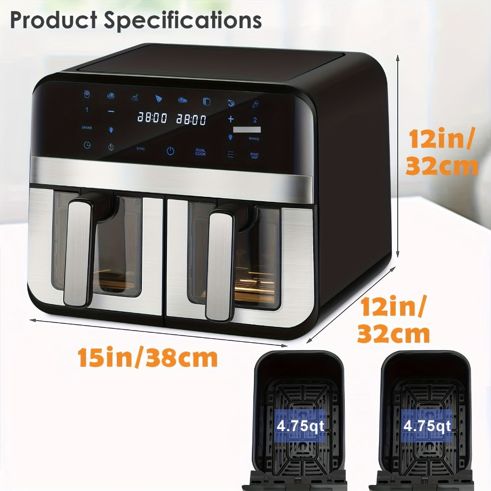 9.5Qt Dual-Basket Air Fryer with Two 4.75Qt Cooking Zones, Touch Controls and Eight Preset Icons