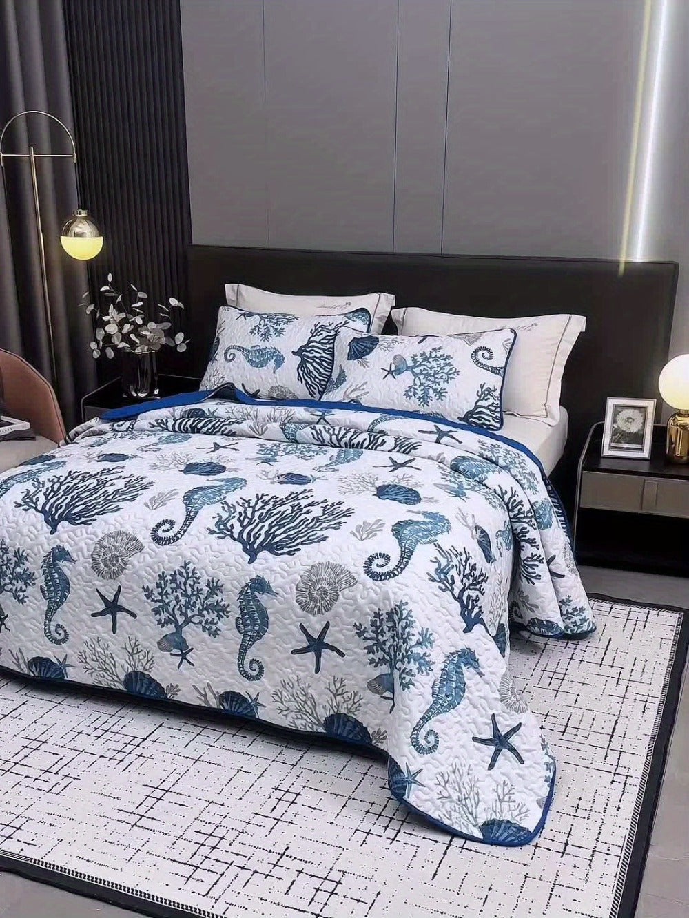 Three-Piece Ocean-Print Duvet Cover Set with Two Pillowcases in Twin, Full-Queen or King Sizes