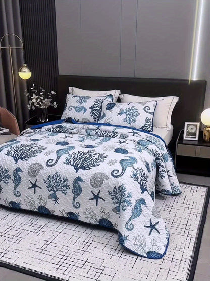 Three-Piece Ocean-Print Duvet Cover Set with Two Pillowcases in Twin, Full-Queen or King Sizes