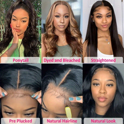 Lace Front Wig Body-Wave Human Hair, 14-24 Inch Natural Black with Glueless 4x4x1 Closure and Baby Hair